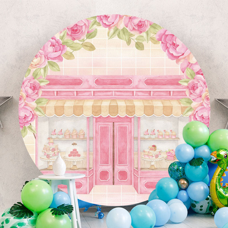 Aperturee - Pink Floral And Cake Shop Round Birthday Backdrop