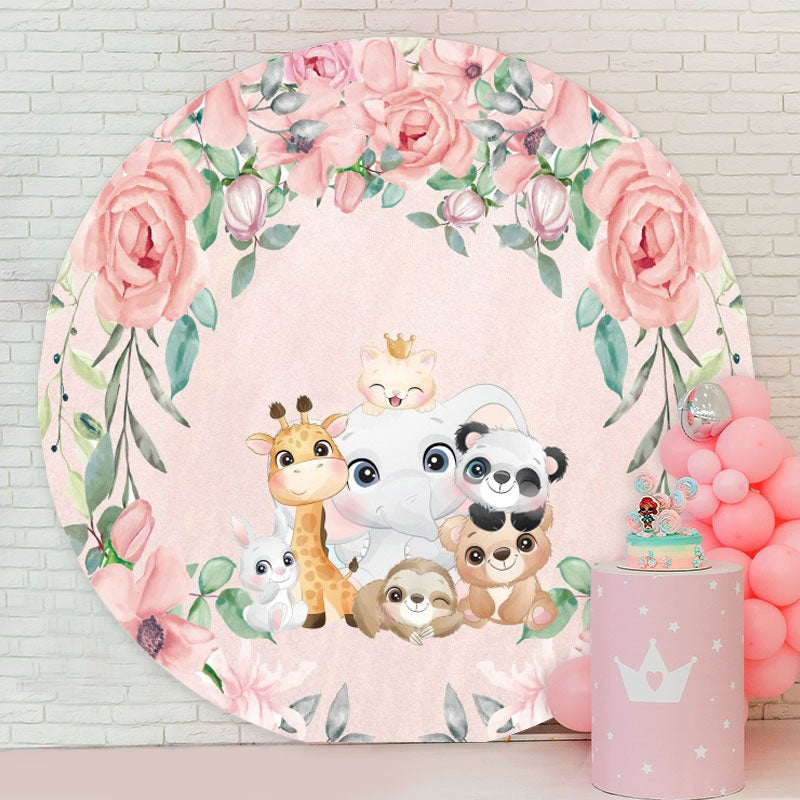 Aperturee - Pink Floral And Cute Animals Round Baby Shower Backdrop