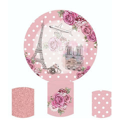 Aperturee Pink Floral And Eiffel Tower Round Birthday Backdrop Kit