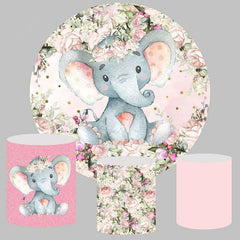 Aperturee Pink Floral And Elephant Girls Round Baby Shower Backdrop