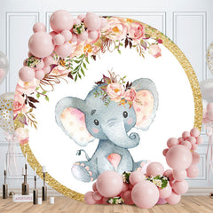 Aperturee - Pink Floral And Elephant Round Glitter Birthday Backdrop