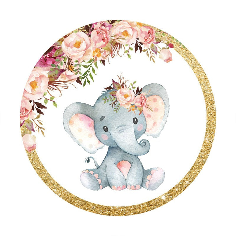 Aperturee - Pink Floral And Elephant Round Glitter Birthday Backdrop