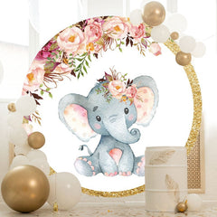 Aperturee - Pink Floral And Elephant Round Glitter Birthday Backdrop