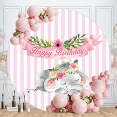 Aperturee - Pink Floral And Elephant Round Happy Birthday Backdrop