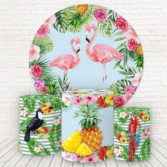 Aperturee Pink Floral And Flamingo Round Birthday Backdrop Kit