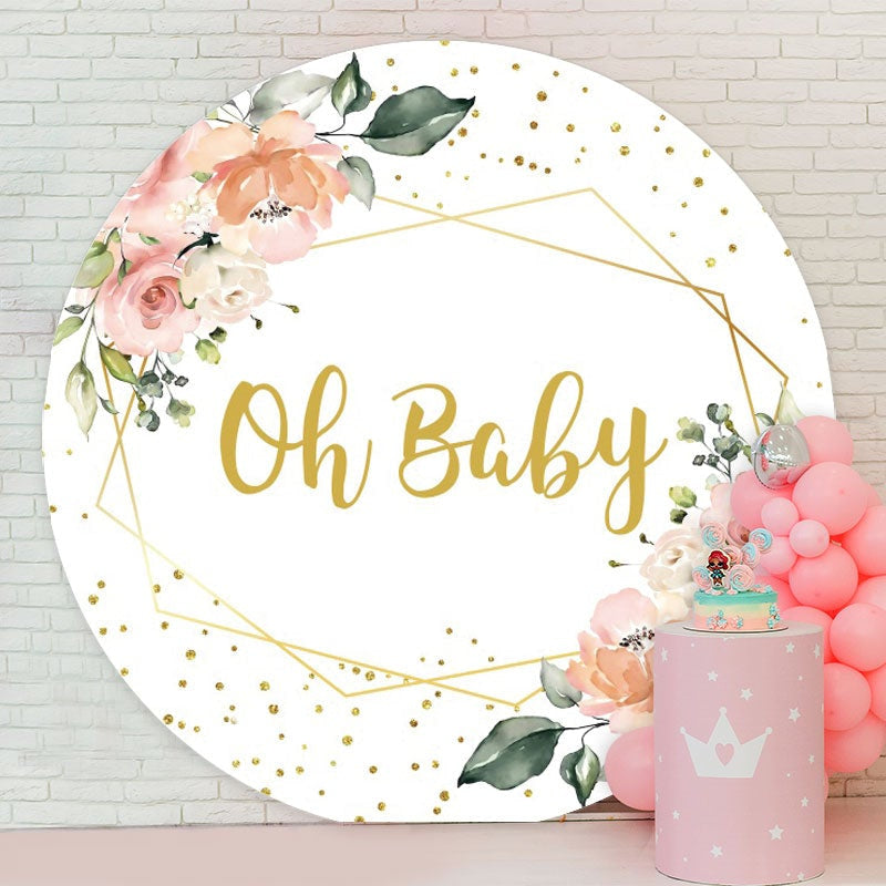 Aperturee - Pink Floral And Gold Glitter Round Baby Shower Backdrop