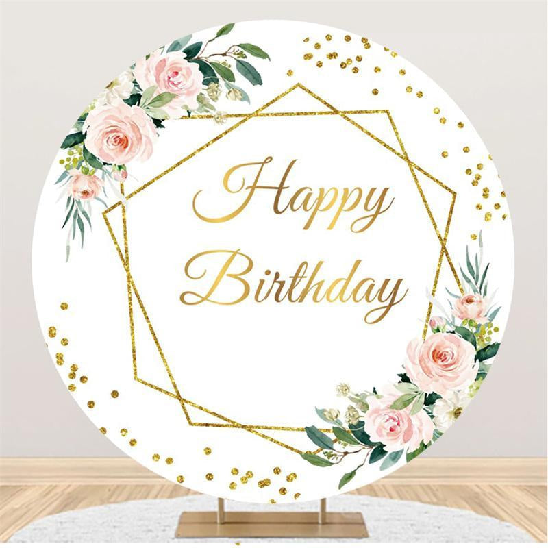 Aperturee Pink Floral And Gold Happy Birthday Round Backdrop