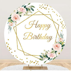 Aperturee Pink Floral And Gold Happy Birthday Round Backdrop