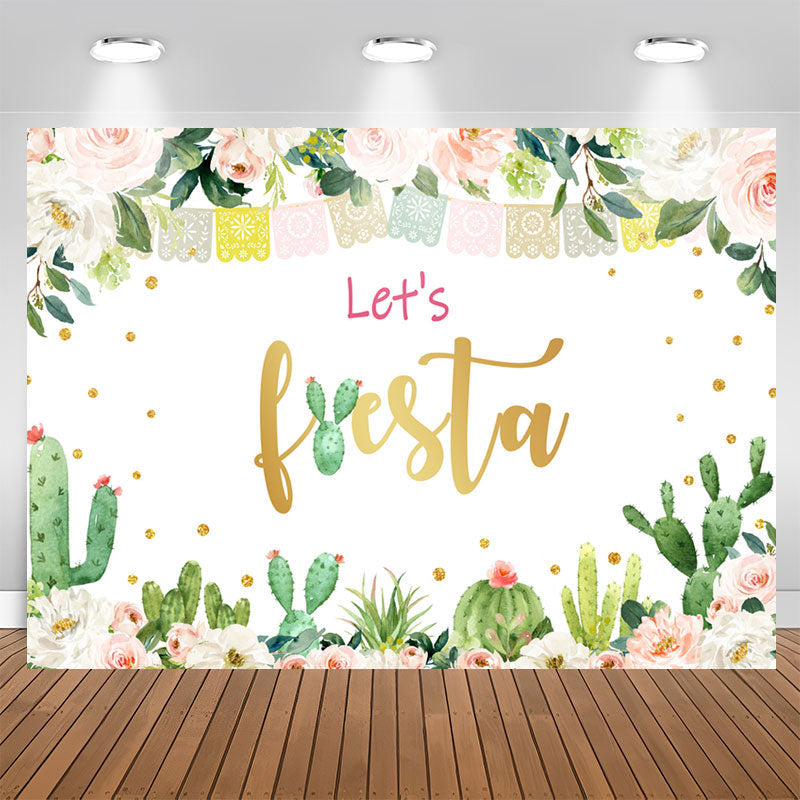 Aperturee - Pink Floral And Green Cactus Girls Birthday Backdrop