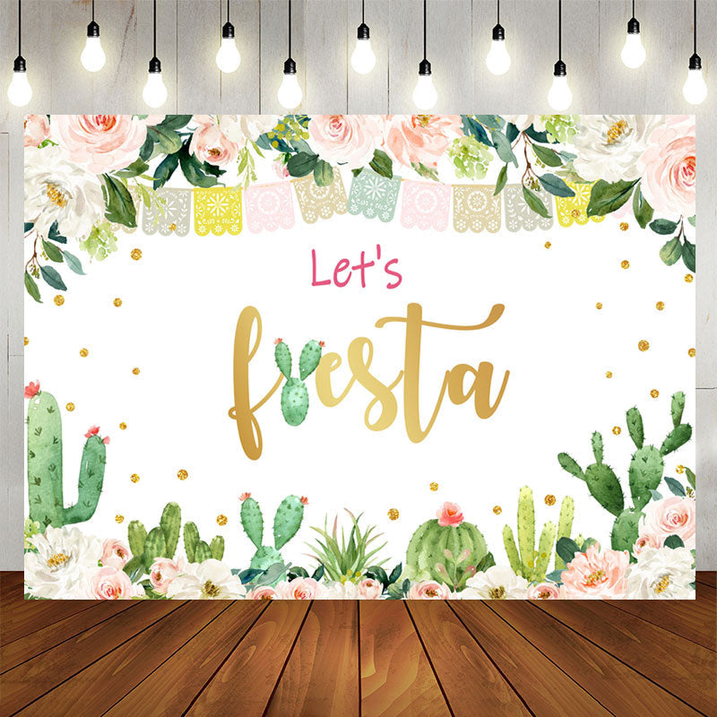 Aperturee - Pink Floral And Green Cactus Girls Birthday Backdrop