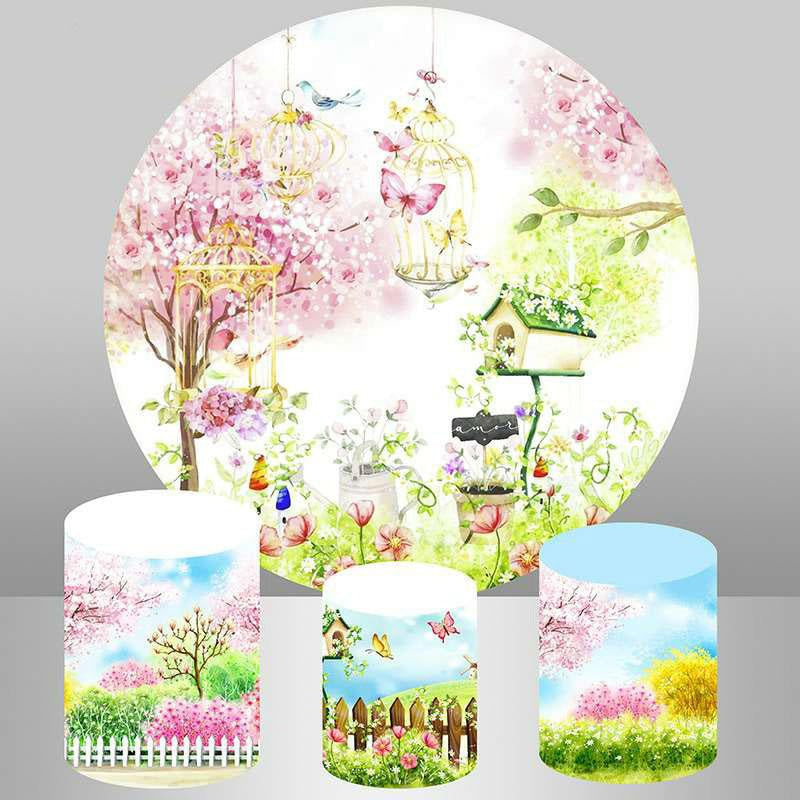 Aperturee Pink Floral And Green Leaves Garden Round Backdrop