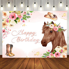 Aperturee - Pink Floral and Horse Cowboy Themed Birthday Backdrop