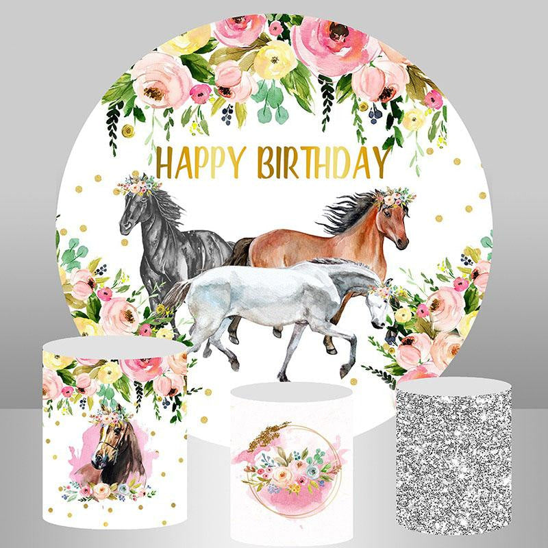 Aperturee Pink Floral And Horse Round Happy Birthday Backdrop