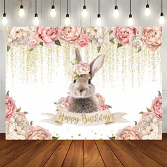 Aperturee - Pink Floral And Rabbit Glitter Happy Birthday Backdrop