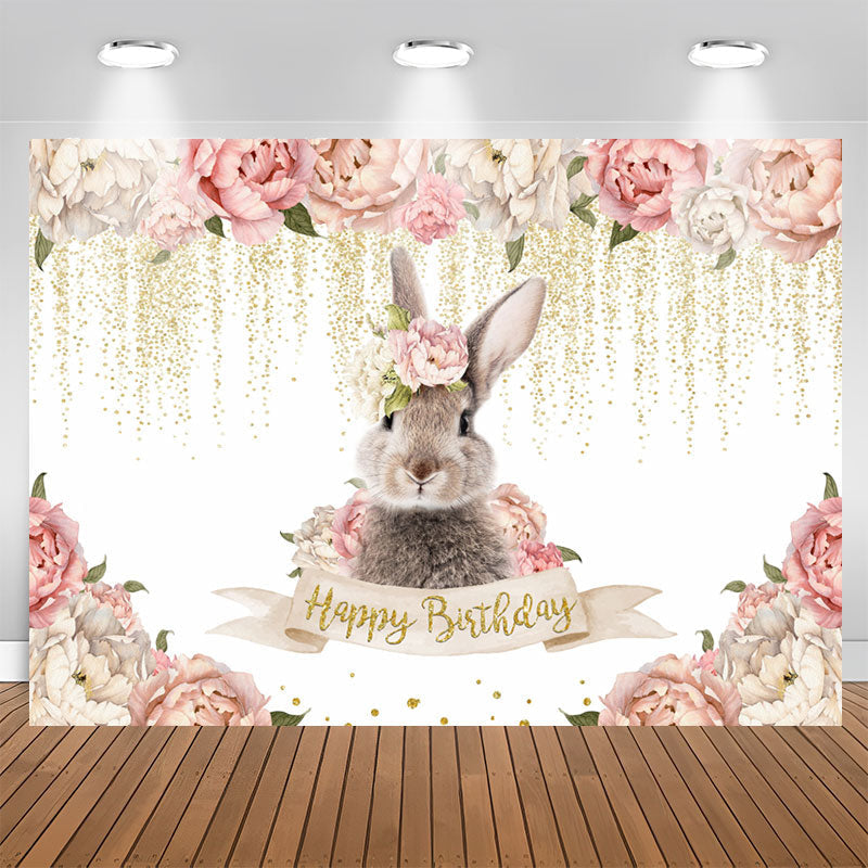 Aperturee - Pink Floral And Rabbit Glitter Happy Birthday Backdrop