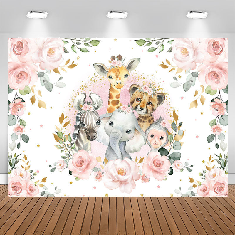 Aperturee - Pink Floral And Safari Animals Baby Shower Backdrop