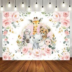 Aperturee - Pink Floral And Safari Animals Baby Shower Backdrop