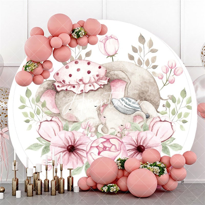 Aperturee Pink Floral And Sleepy Elephant Round Baby Shower Backdrop