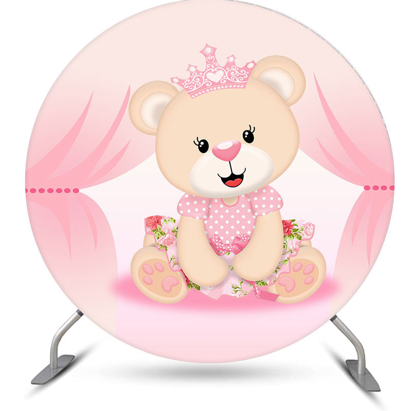 Aperturee - Pink Floral And Teddy Bear Round Baby Shower Backdrop Kit