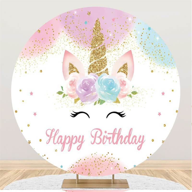 Aperturee Pink Floral And Unicorn Happy Birthday Round Backdrop