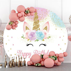 Aperturee Pink Floral And Unicorn Happy Birthday Round Backdrop