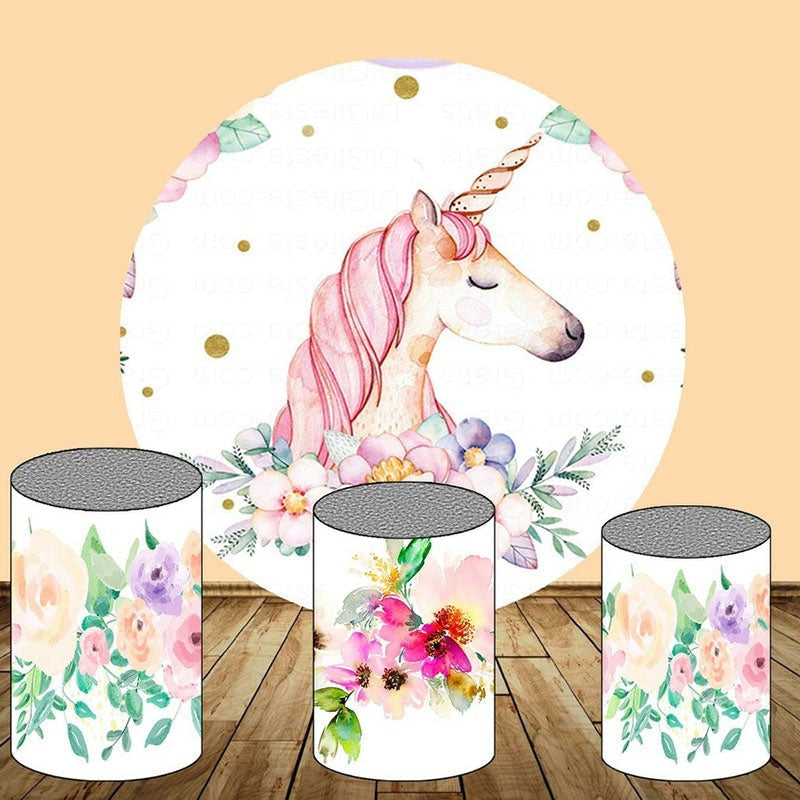 Aperturee Pink Floral And Unicorn Round Baby Shower Backdrop Kit