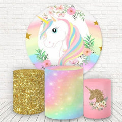 Aperturee Pink Floral And Unicorn Round Birthday Backdrop Kit