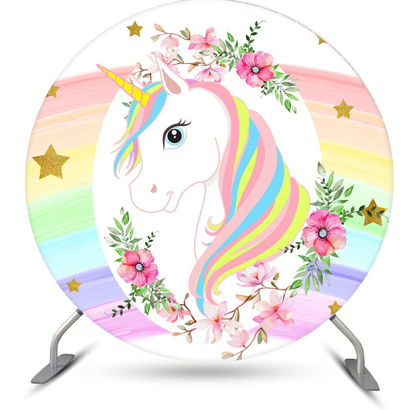 Aperturee - Pink Floral And Unicorn Round Birthday Backdrop Kit