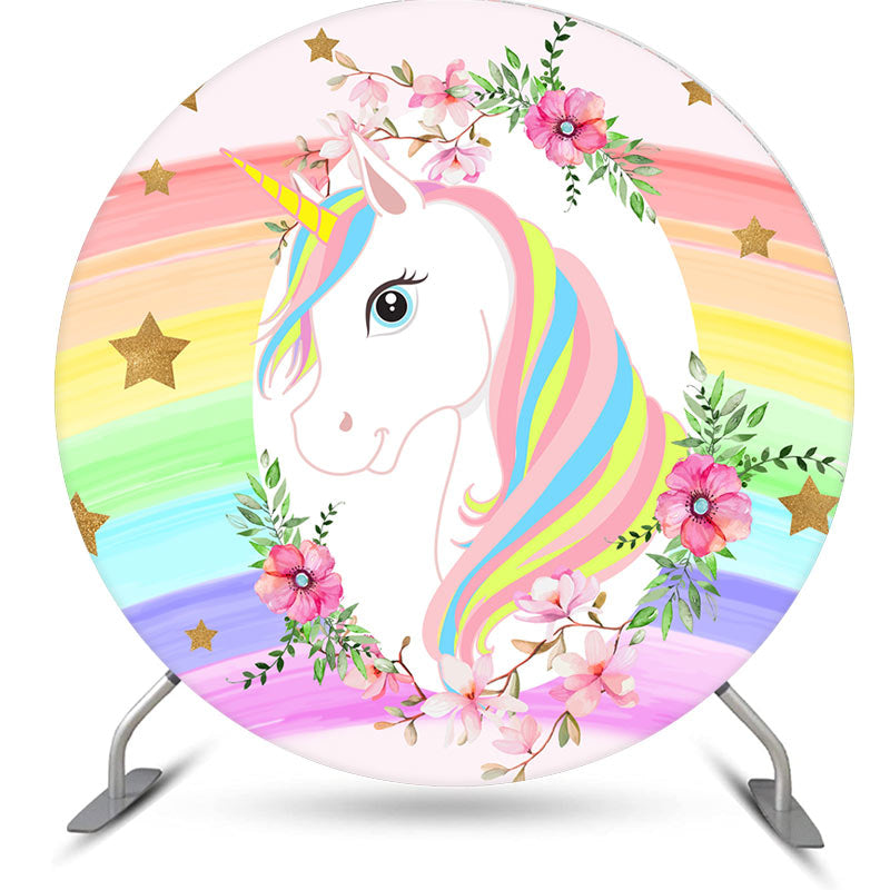 Aperturee - Pink Floral And Unicorn Round Girls Birthday Backdrop Kit