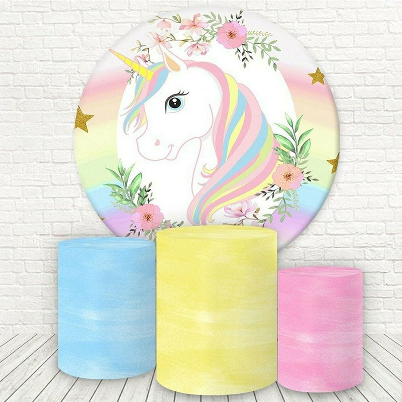 Aperturee Pink Floral And Unicorn Round Happy Birthday Backdrop