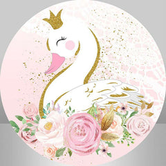 Aperturee - Pink Floral And White Swan Round Girls Birthday Backdrop