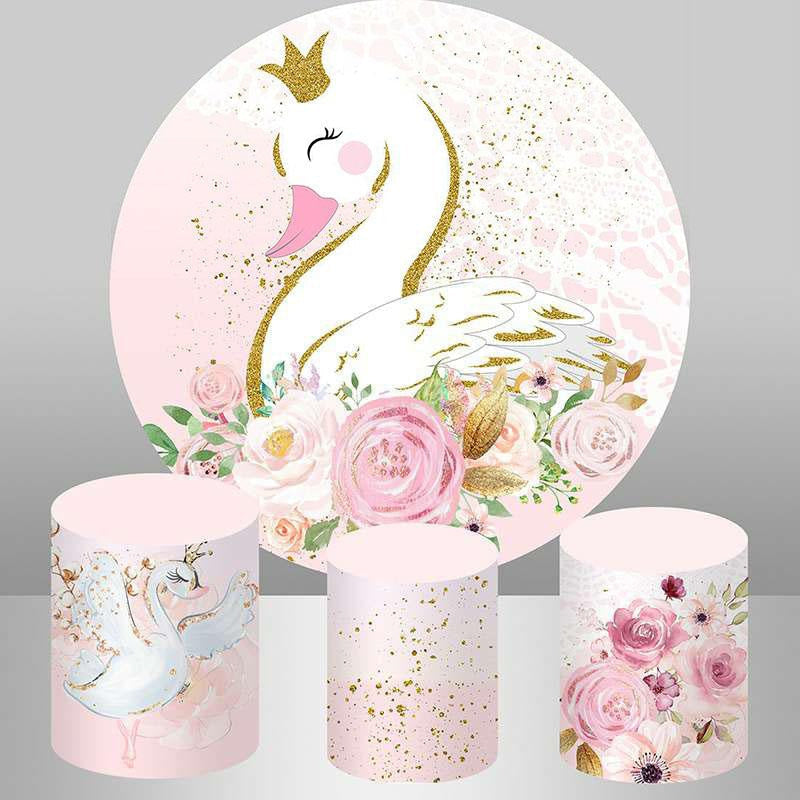 Aperturee Pink Floral And White Swan Round Girls Birthday Backdrop