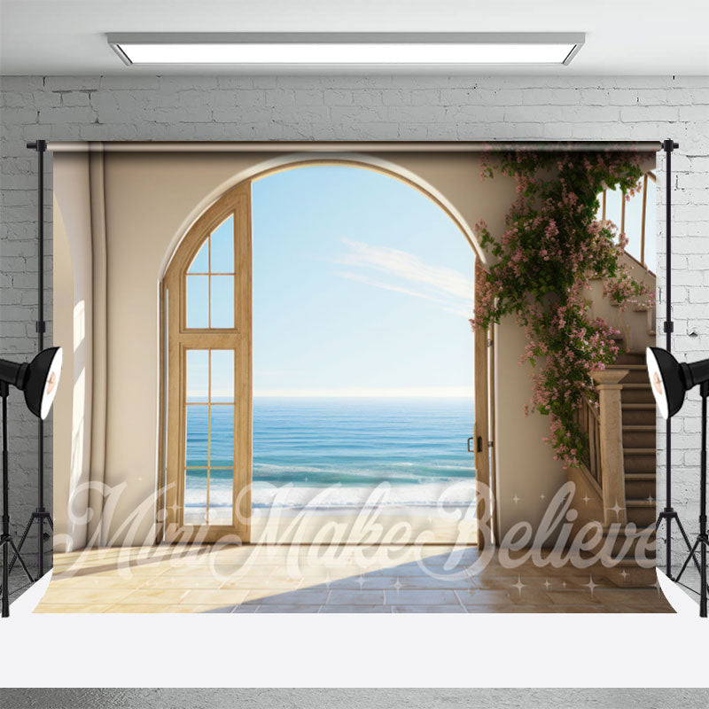 Aperturee - Pink Floral Arch Door Seaside Retro Wall Backdrop