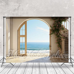 Aperturee - Pink Floral Arch Door Seaside Retro Wall Backdrop