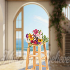 Aperturee - Pink Floral Arch Door Seaside Retro Wall Backdrop