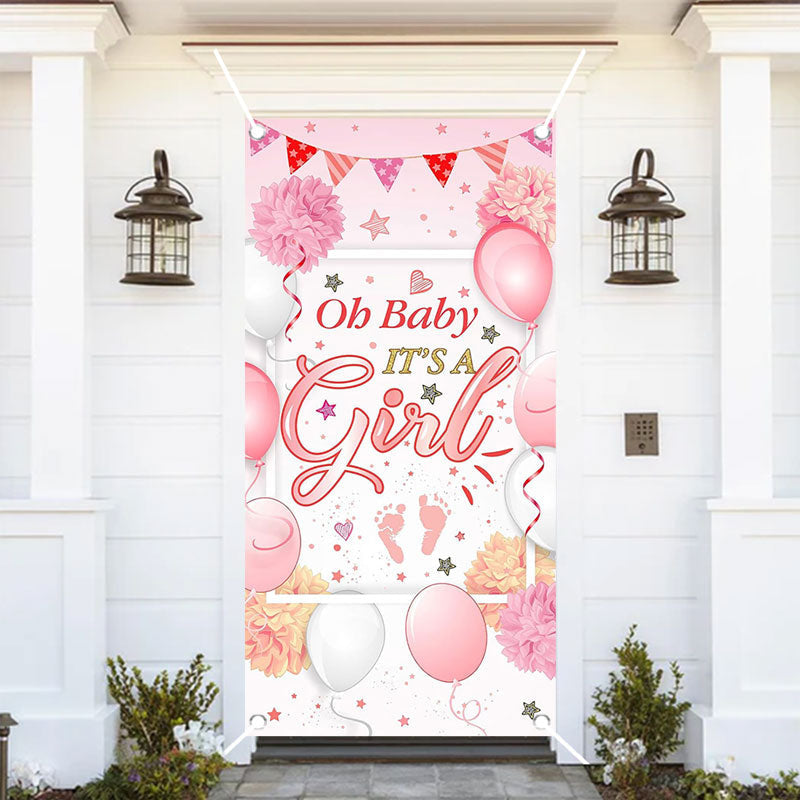 Aperturee - Pink Floral Balloon Girls Baby Shower Door Cover