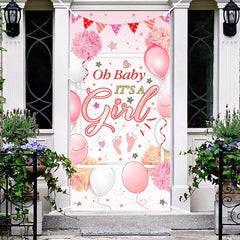 Aperturee - Pink Floral Balloon Girls Baby Shower Door Cover