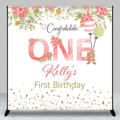 Aperturee - Pink Floral Bear Custom Name 1st Birthday Backdrop