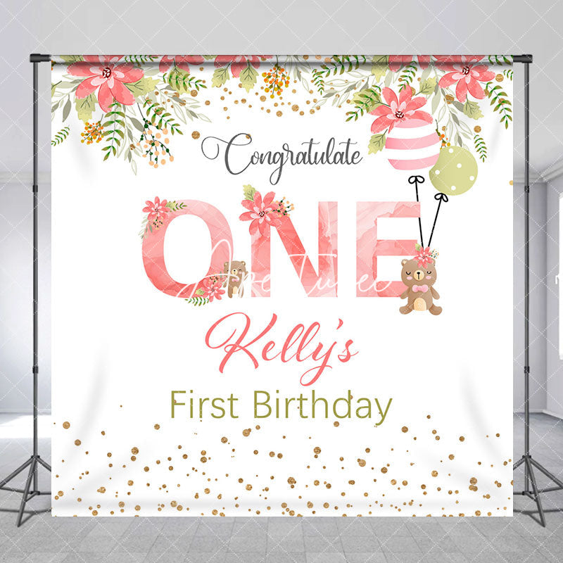 Aperturee - Pink Floral Bear Custom Name 1st Birthday Backdrop