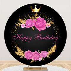 Aperturee - Pink Floral Black Gold Crown Round Birthday Backdrop