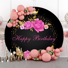 Aperturee - Pink Floral Black Gold Crown Round Birthday Backdrop