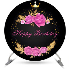 Aperturee - Pink Floral Black Gold Crown Round Birthday Backdrop