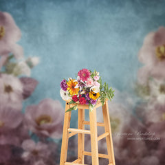 Aperturee - Pink Floral Blue Abstract Backdrop For Photography