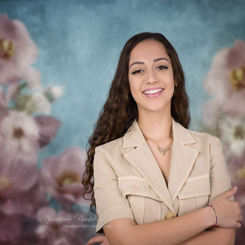 Aperturee - Pink Floral Blue Abstract Backdrop For Photography