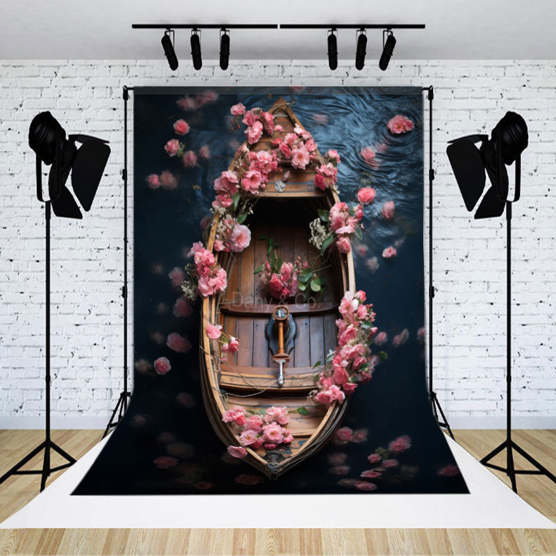 Aperturee - Pink Floral Boat River Fine Art Backdrop For Photo