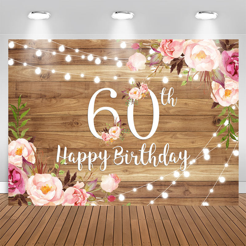 Aperturee - Pink Floral Brown Wood Happy 60th Birthday Backdrop