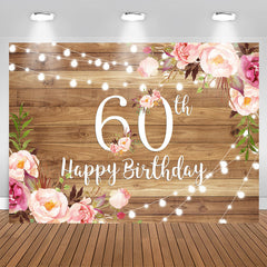 Aperturee - Pink Floral Brown Wood Happy 60th Birthday Backdrop