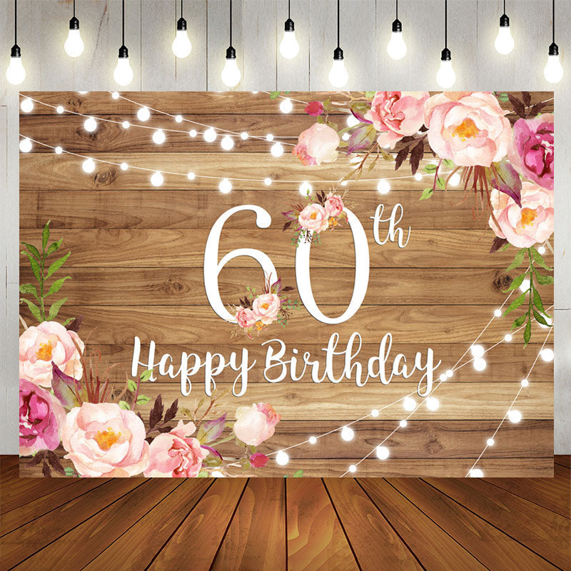 Aperturee - Pink Floral Brown Wood Happy 60th Birthday Backdrop