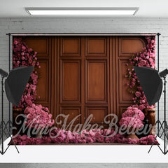 Aperturee - Pink Floral Brown Wooden Retro Wall Photo Backdrop