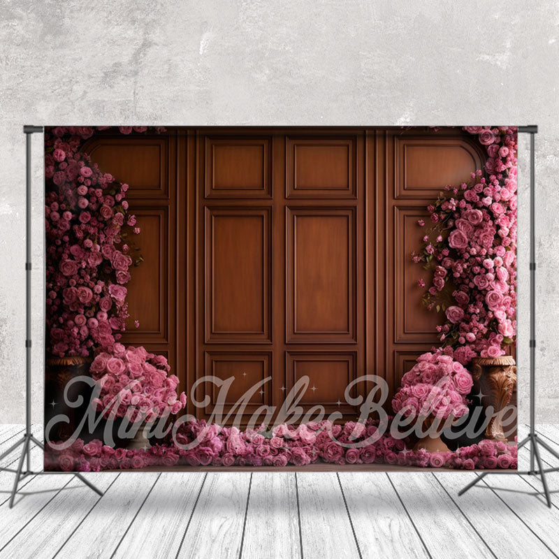 Aperturee - Pink Floral Brown Wooden Retro Wall Photo Backdrop